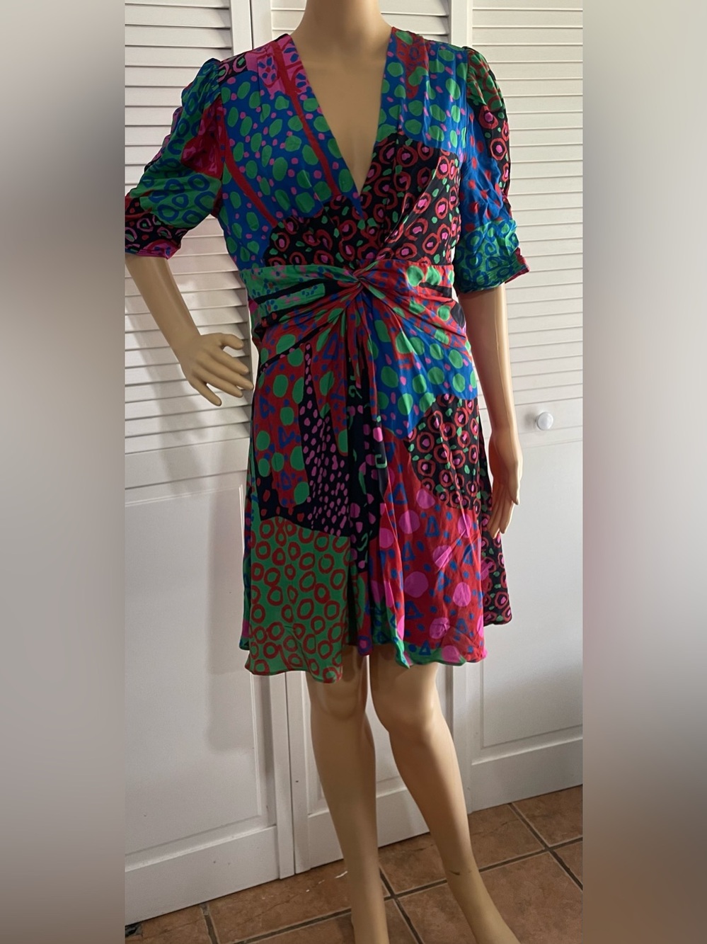 Multicolor Patterned Knot-Front Wrap Dress - Picture 3 of 3